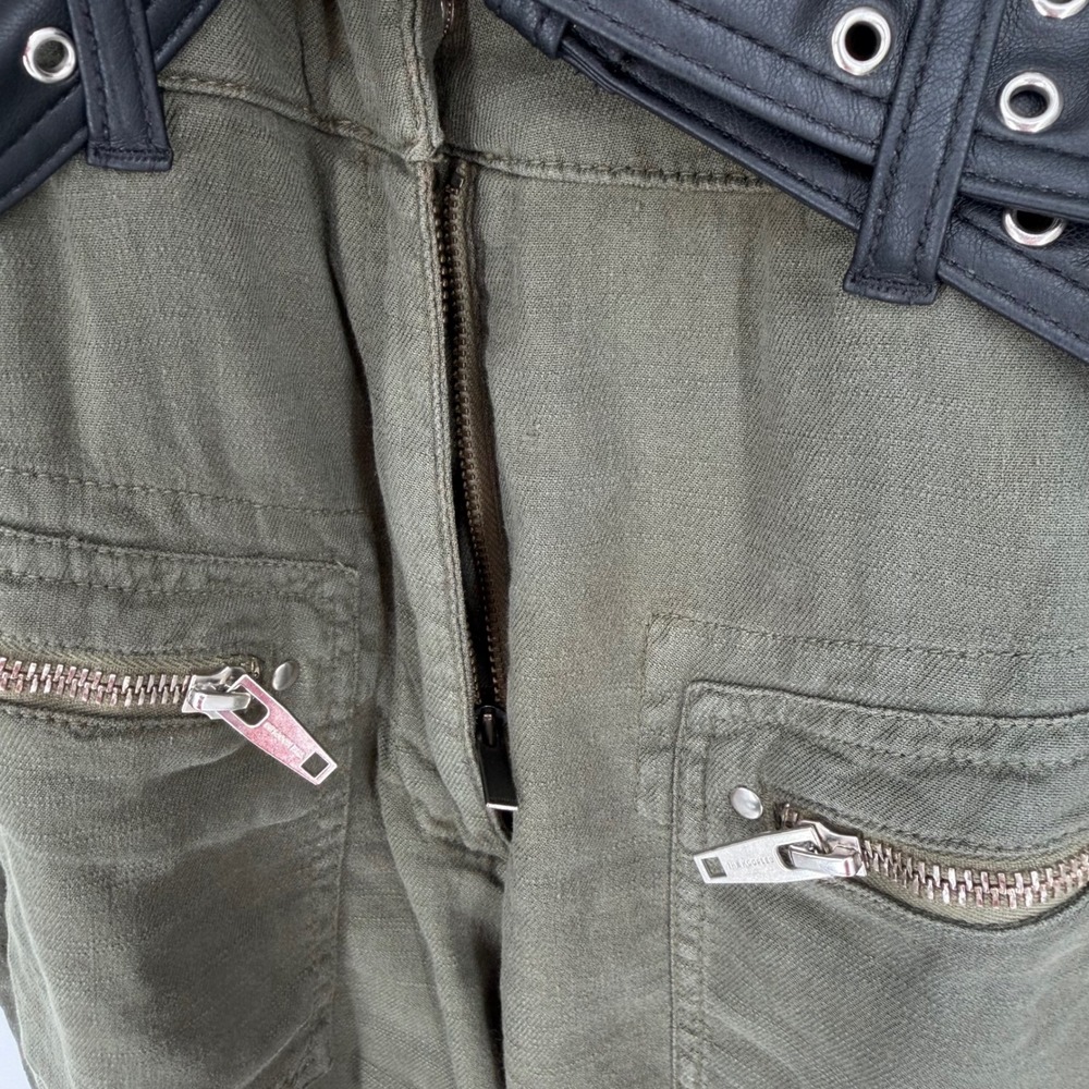 The Kooples Jeans Utility Jumpsuit Olive Green Linen Blend Belted Snap Front 2 M - Picture 10 of 16